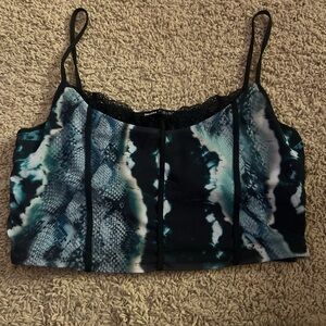 Bershka Blue and Black Patterned lace mesh Crop Top